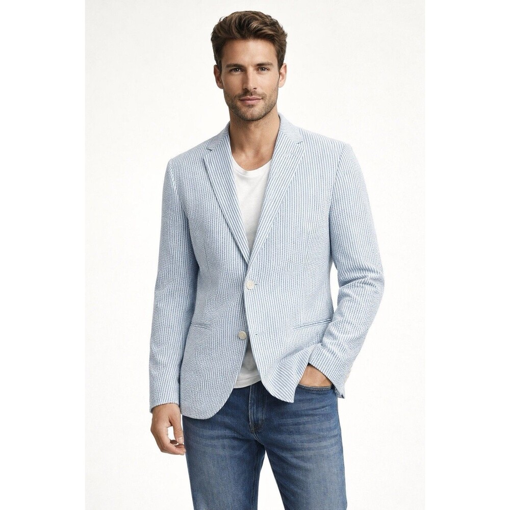 Daniel Hechter NWT Preppy Blue Striped Seersucker Unstructured Blazer Jacket L